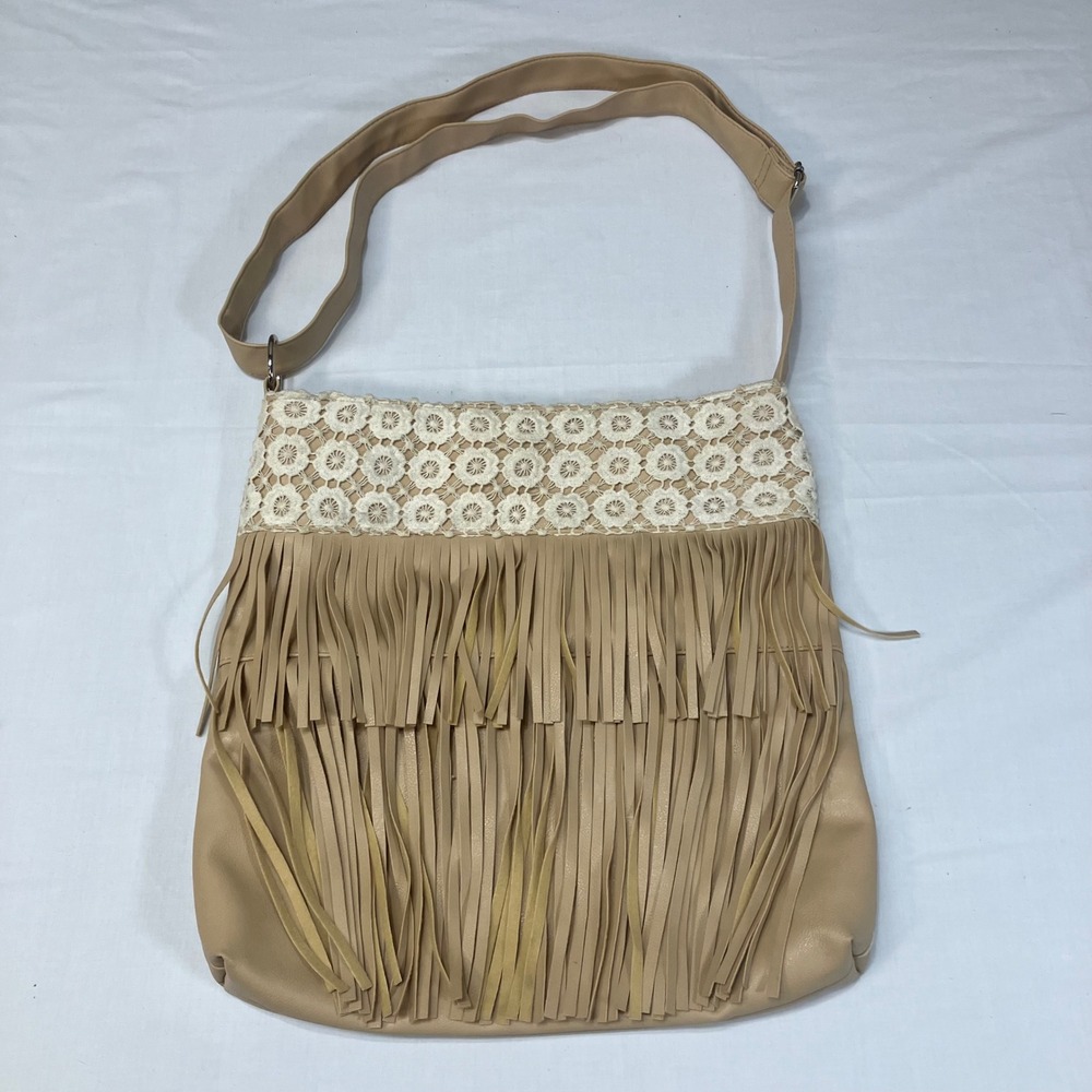 Tan Faux Leather Fringe Crossbody Bag Purse Floral Crochet‎ Lace Boho  UB151111B
